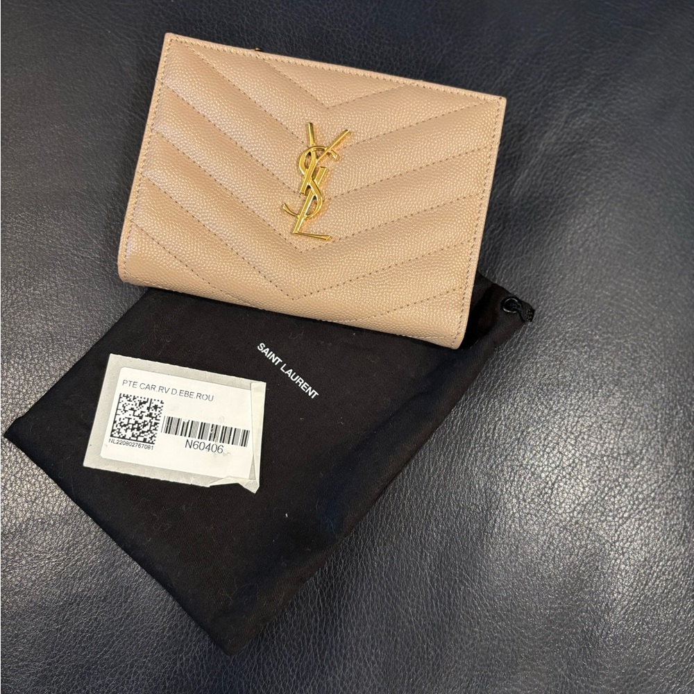 Yves Saint Laurent Tan Wallet with Gold Emblem
